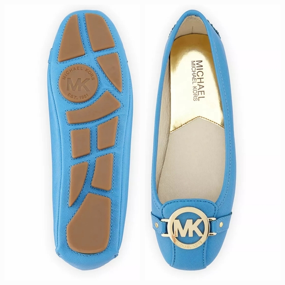 Michael Kors Fulton Moc Flats Blue Leather Driving Loafers Gold MK Logo Size 6M - Picture 3 of 16